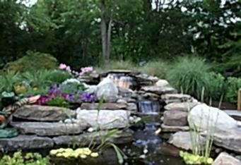 Landscape lighting lights up the waterfall in this landscaped backyard