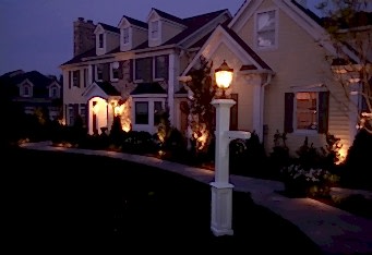 Landscape Lighting at dusk at a Basking Ridge NJ landscaped home
