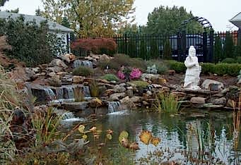 A large water feature completes the landscape design of this backyard